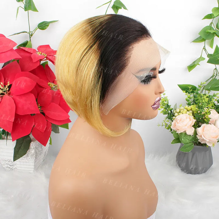 Perruque courte et lisse en cheveux humains, coupe Pixie, blond miel ombré 1B, 13x4, avec dentelle transparente 