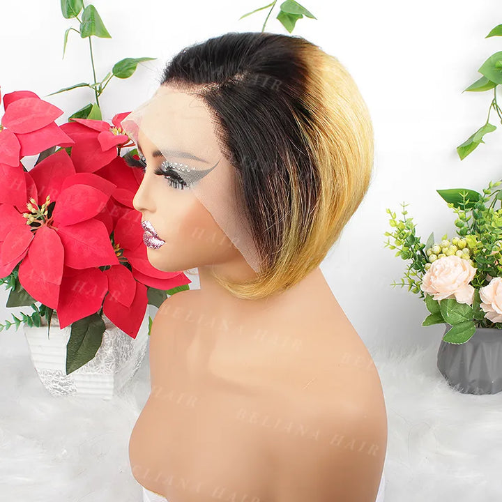 Perruque courte et lisse en cheveux humains, coupe Pixie, blond miel ombré 1B, 13x4, avec dentelle transparente 
