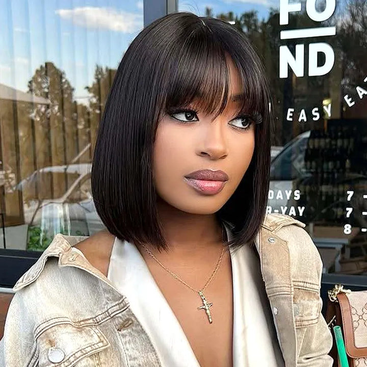 Ombre Chocolate Brown 2x6 Closure Lace Straight Human Hair Bob Wig With Bang