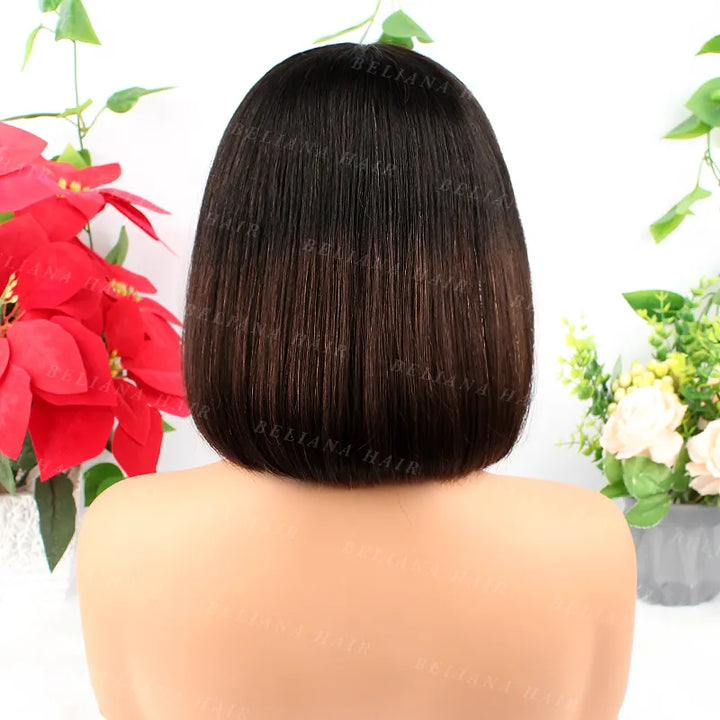 Perruque Bob en cheveux humains lisses avec fermeture en dentelle 2x6, brun chocolat ombré, avec frange 