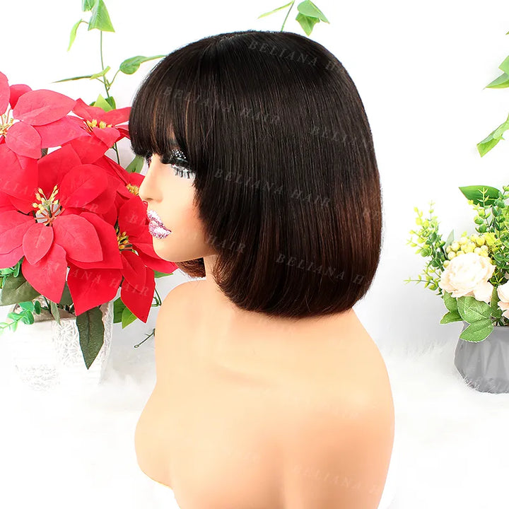 Perruque Bob en cheveux humains lisses avec fermeture en dentelle 2x6, brun chocolat ombré, avec frange 