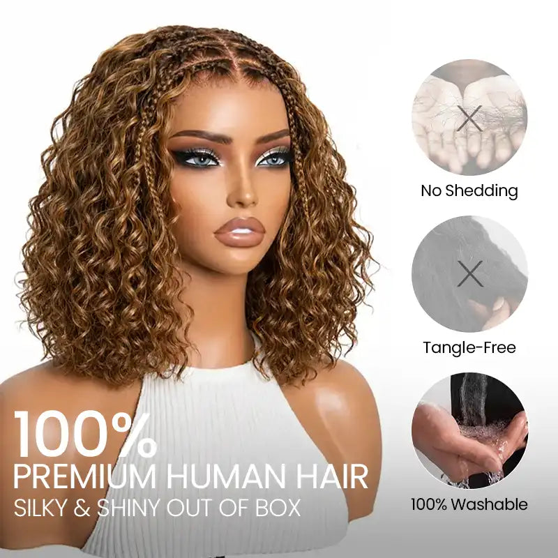 Brown Highlight Boho Braided Curly Wig 5x5 Closure HD Lace Glueless Human Hair Wig