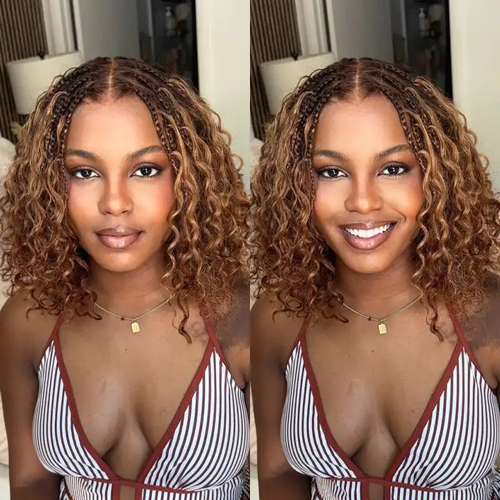 Brown Highlight Boho Braided Curly Wig 5x5 Closure HD Lace Glueless Human Hair Wig