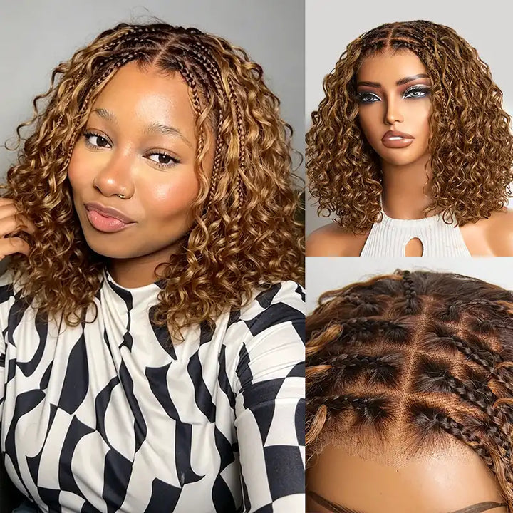 Brown Highlight Boho Braided Curly Wig 5x5 Closure HD Lace Glueless Human Hair Wig