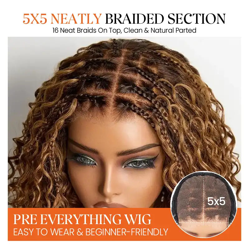 Brown Highlight Boho Braided Curly Wig 5x5 Closure HD Lace Glueless Human Hair Wig
