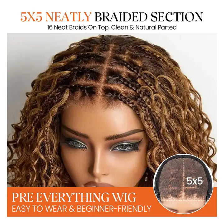 Brown Highlight Boho Braided Curly Wig 5x5 Closure HD Lace Glueless Human Hair Wig