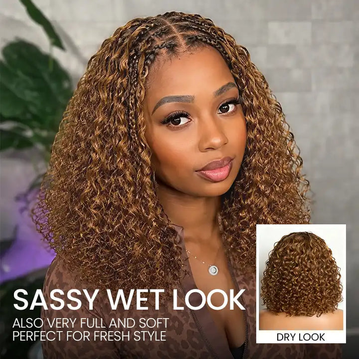 Brown Highlight Boho Braided Curly Wig 5x5 Closure HD Lace Glueless Human Hair Wig