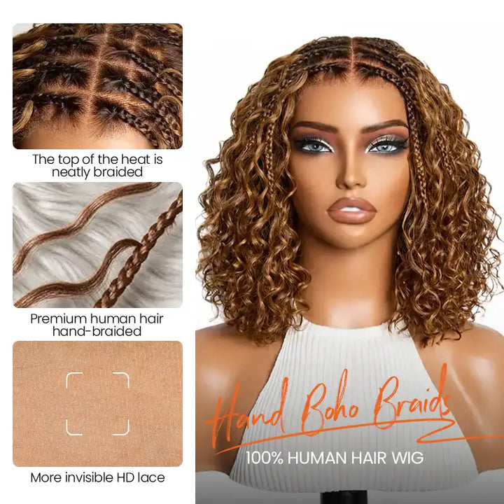Brown Highlight Boho Braided Curly Wig 5x5 Closure HD Lace Glueless Human Hair Wig