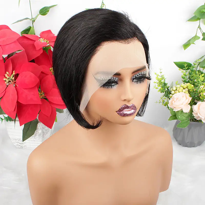 Perruque courte et lisse en cheveux humains coupe Pixie 1B, 13x4, avec dentelle transparente 