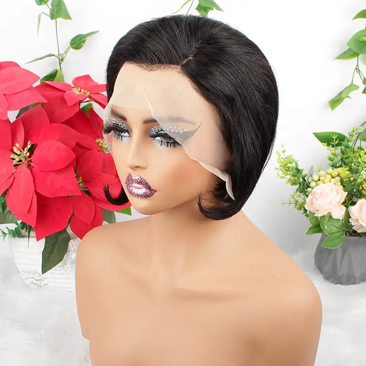 Perruque courte et lisse en cheveux humains coupe Pixie 1B, 13x4, avec dentelle transparente 