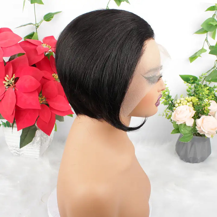 Perruque courte et lisse en cheveux humains coupe Pixie 1B, 13x4, avec dentelle transparente 