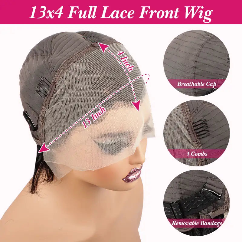Perruque courte et lisse en cheveux humains coupe Pixie 1B, 13x4, avec dentelle transparente 