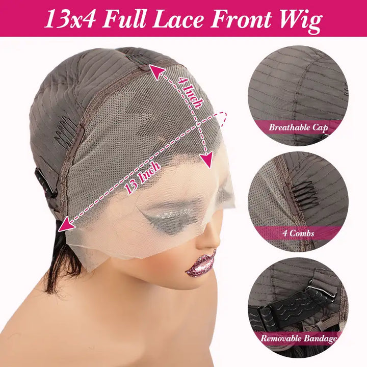 Perruque courte et lisse en cheveux humains coupe Pixie 1B, 13x4, avec dentelle transparente 
