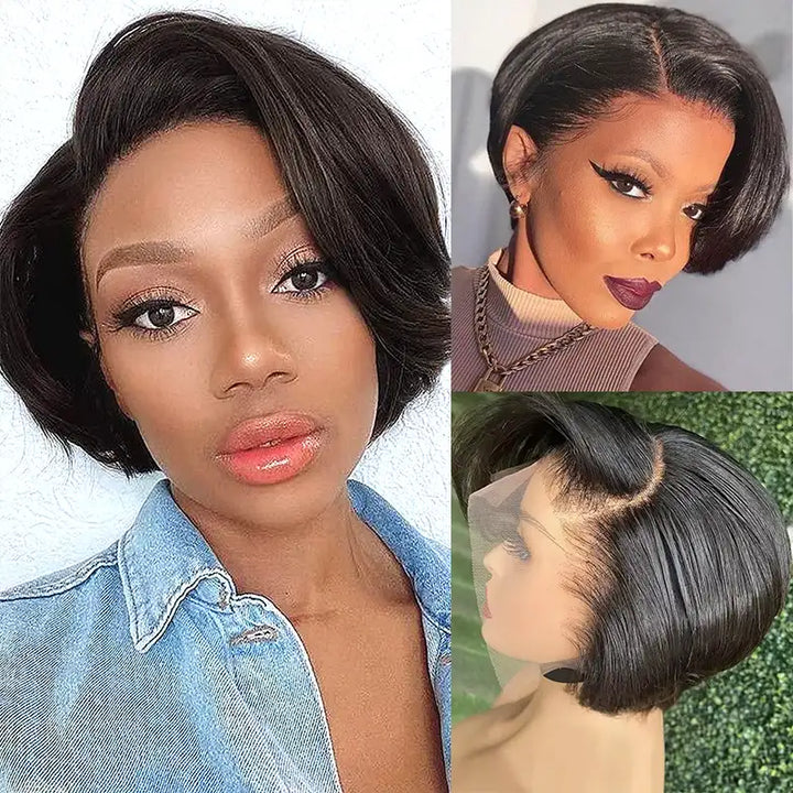 Perruque courte et lisse en cheveux humains coupe Pixie 1B, 13x4, avec dentelle transparente 