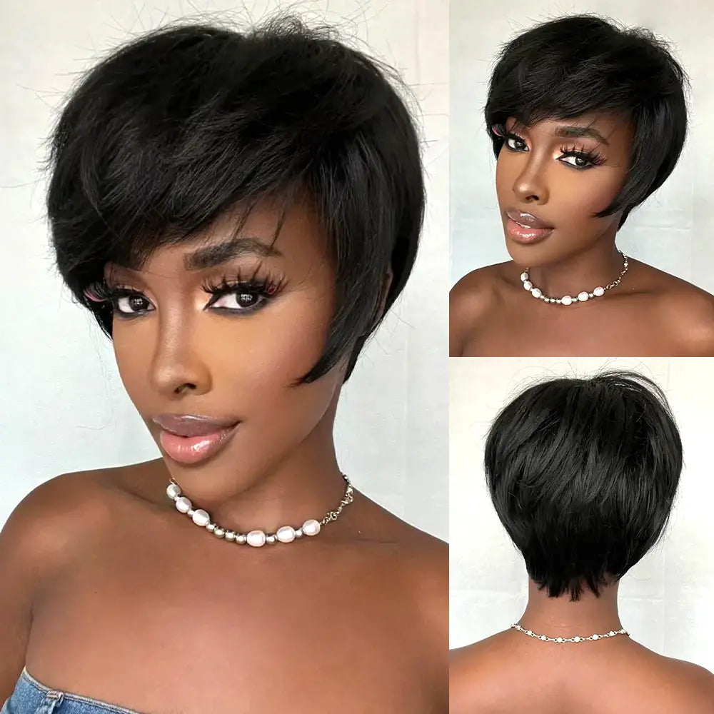 Peluca de cabello humano liso, corto, corte Pixie 1B, 13x4, transparente, con encaje frontal 
