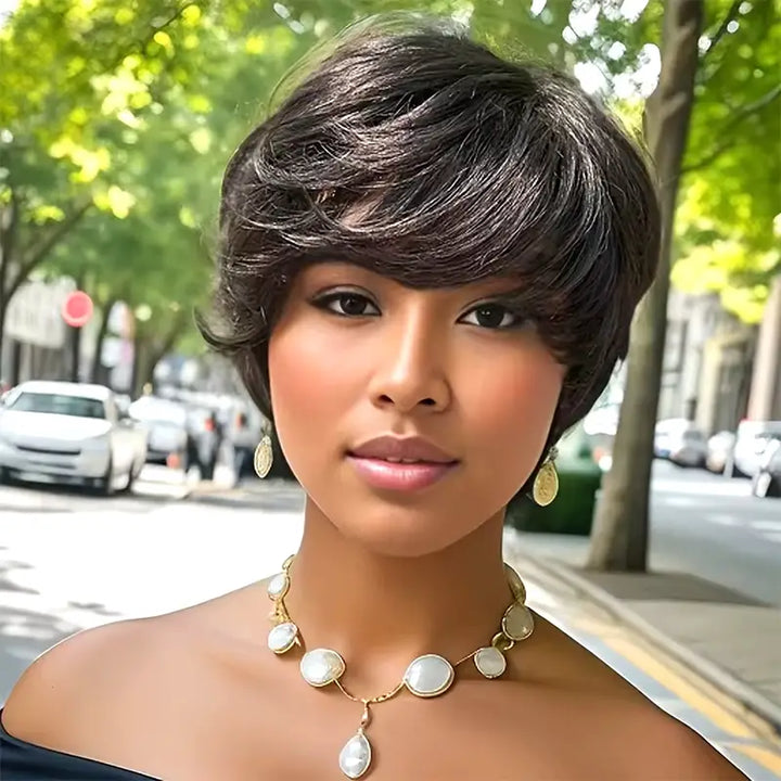 Peluca de cabello humano liso, corto, corte Pixie 1B, 13x4, transparente, con encaje frontal 