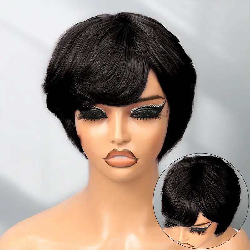 Peluca de cabello humano liso, corto, corte Pixie 1B, 13x4, transparente, con encaje frontal 