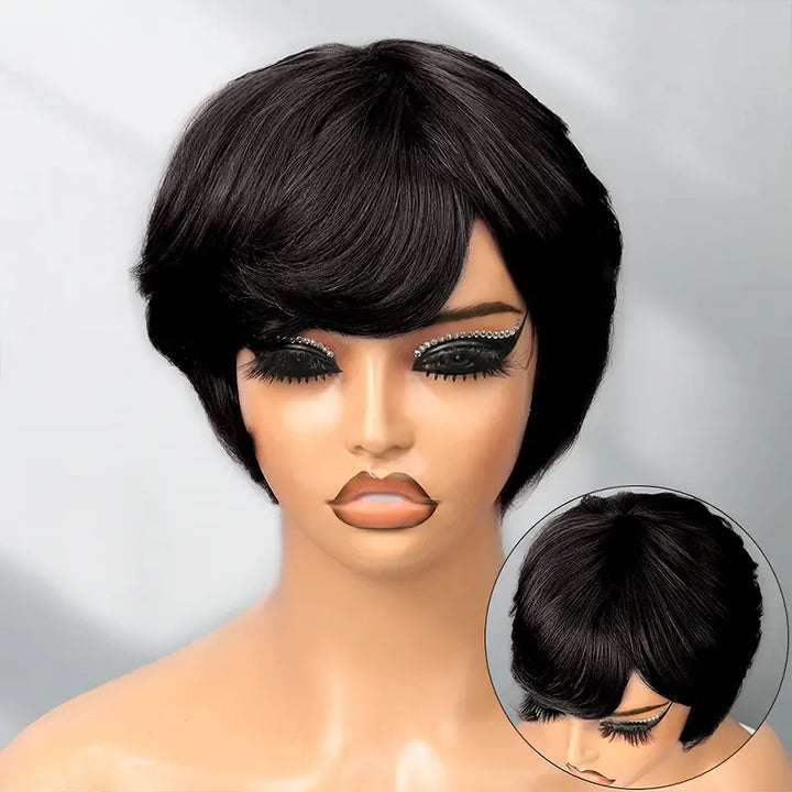 Peluca de cabello humano liso, corto, corte Pixie 1B, 13x4, transparente, con encaje frontal 