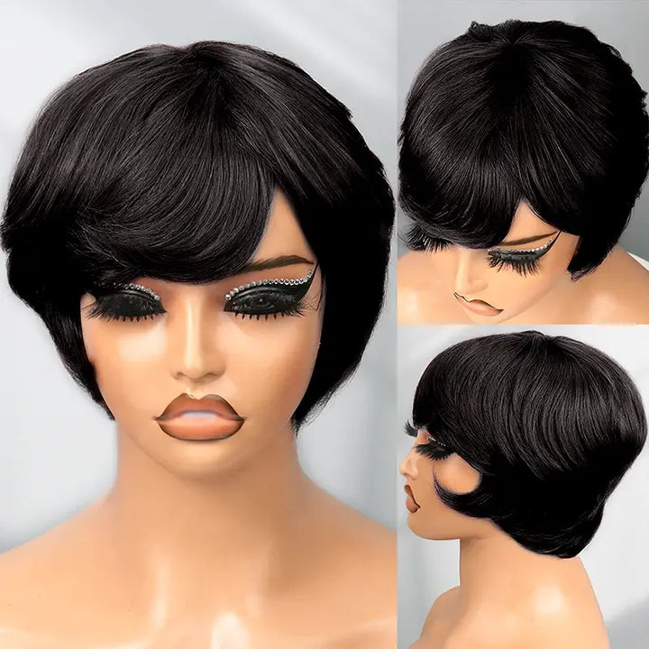 Peluca de cabello humano liso, corto, corte Pixie 1B, 13x4, transparente, con encaje frontal 