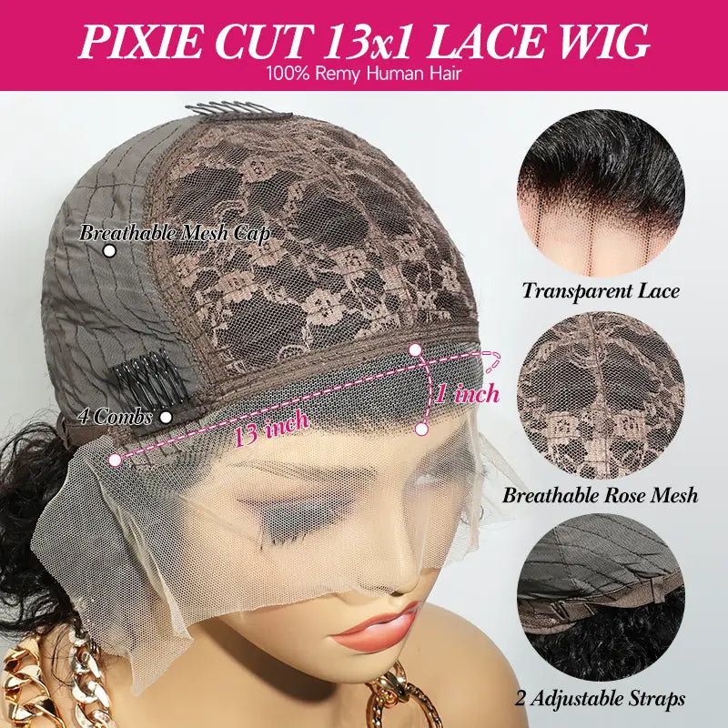 Pixie Cut Short Curly Human Hair 13x1 lace Glueless Wigs