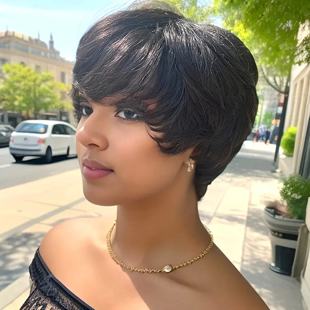 Peluca de cabello humano liso, corto, corte Pixie 1B, 13x4, transparente, con encaje frontal 