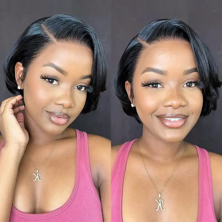 Perruque courte et lisse en cheveux humains coupe Pixie 1B, 13x4, avec dentelle transparente 