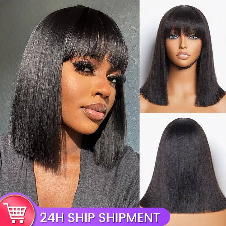 Put On & Go Realistic Yaki Bob with Bangs Human Hair Wig – Beginner Friendly