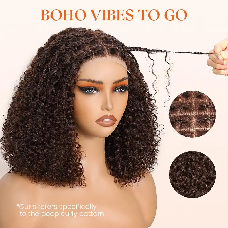 Readitressâ„?Chocolate Brown Boho Braided Deep Curly Glueless 5x5 Lace Human Hair Wig
