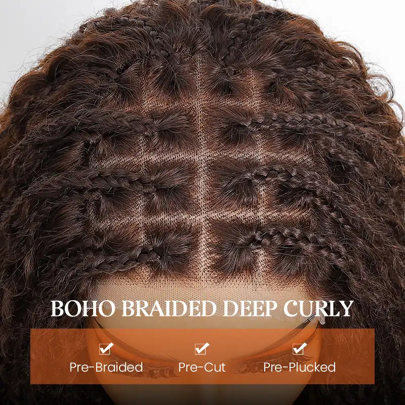 Readitressâ„?Chocolate Brown Boho Braided Deep Curly Glueless 5x5 Lace Human Hair Wig
