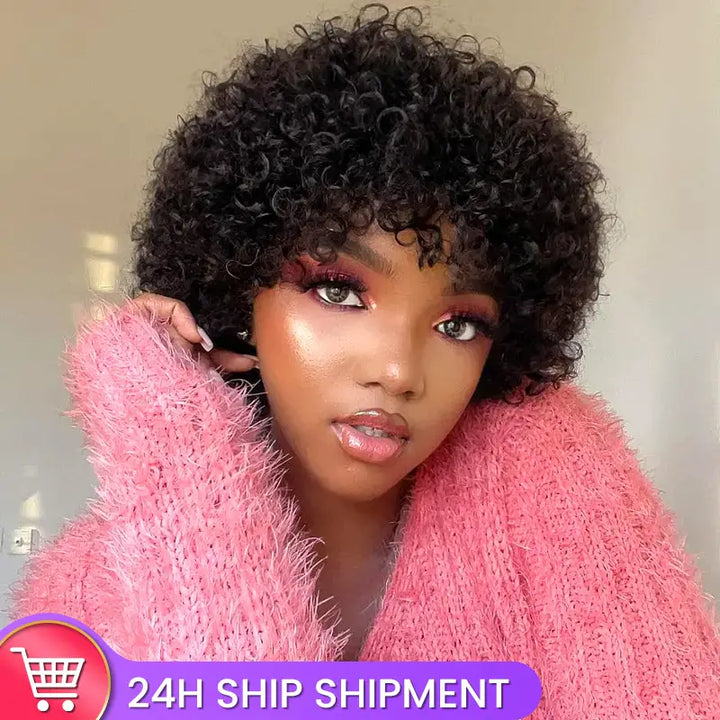 Short Bob Curly Human Hair Wigs With Bang