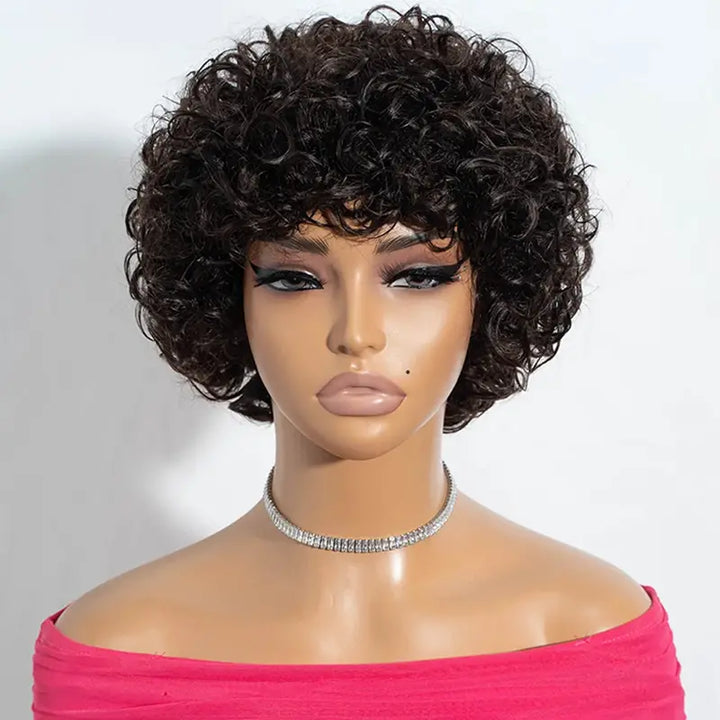 Perruque courte bouclée en cheveux humains avec frange - 6107 