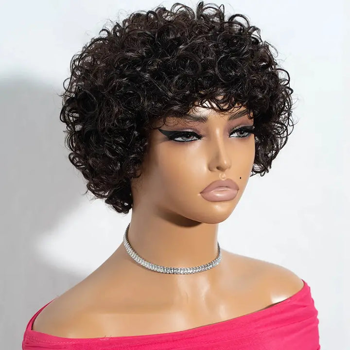 Perruque courte bouclée en cheveux humains avec frange - 6107 