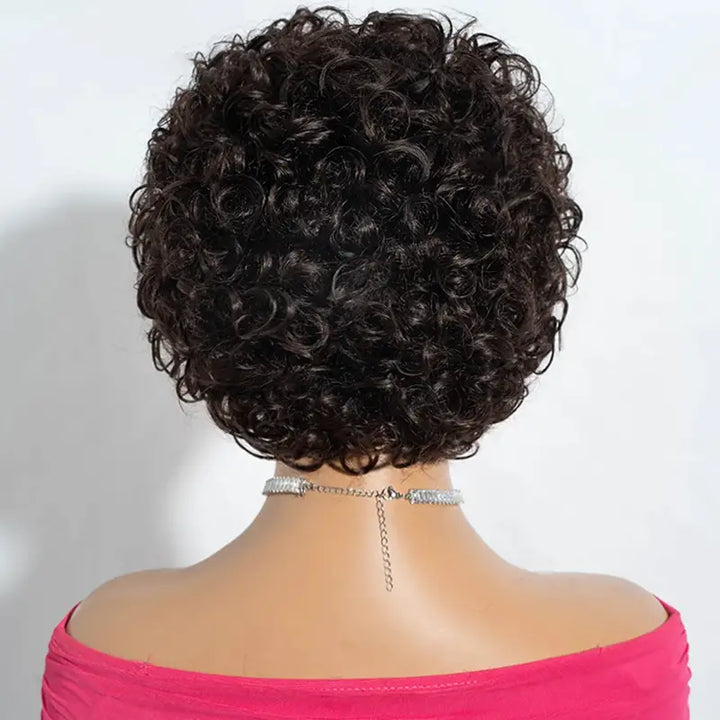 Perruque courte bouclée en cheveux humains avec frange - 6107 