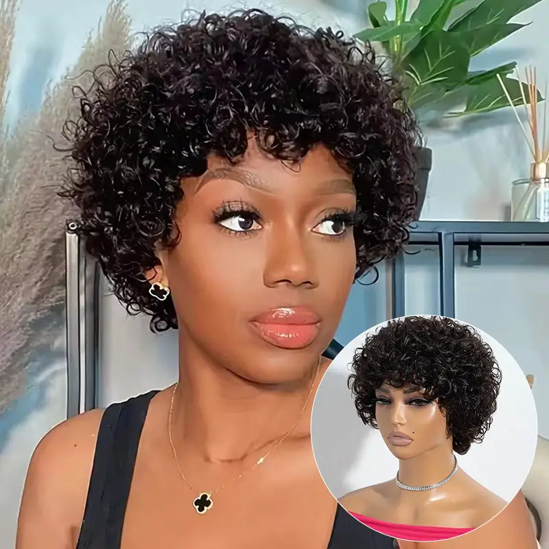 Perruque courte bouclée en cheveux humains avec frange - 6107 