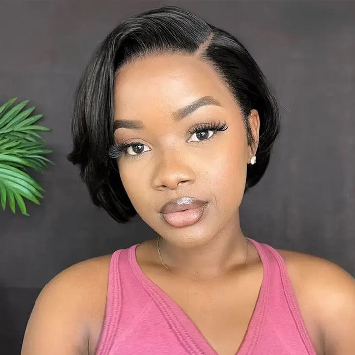 Short Bob Straight Human Hair 13x1 Transparent Lace Front C Part Wig