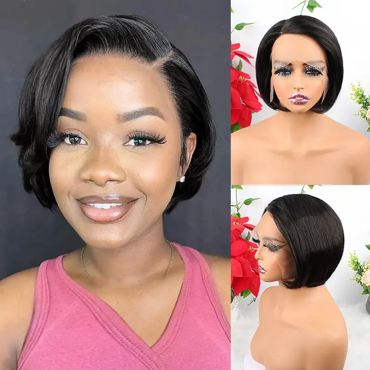 Short Bob Straight Human Hair 13x1 Transparent Lace Front C Part Wig