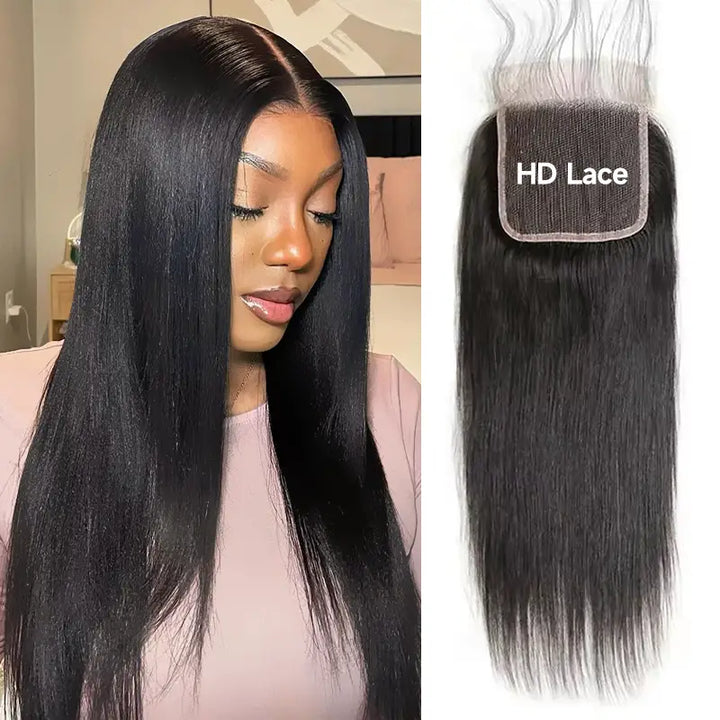 Cabello humano liso y sedoso con cierre de encaje HD invisible 4x4 