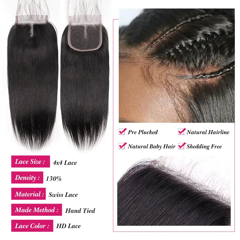 Cabello humano liso y sedoso con cierre de encaje HD invisible 4x4 