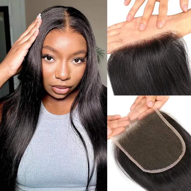 Cabello humano liso y sedoso con cierre de encaje HD invisible 4x4 
