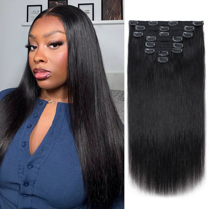 Extensiones de cabello liso con clip, 8 piezas/juego, cabello humano suave y natural 