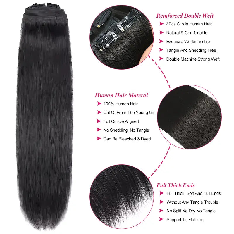Extensiones de cabello liso con clip, 8 piezas/juego, cabello humano suave y natural 