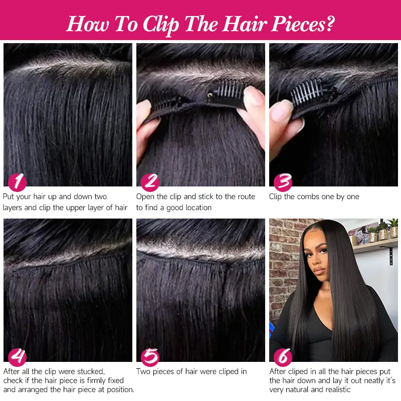 Extensiones de cabello liso con clip, 8 piezas/juego, cabello humano suave y natural 