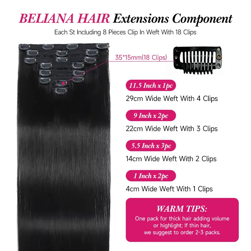 Extensiones de cabello liso con clip, 8 piezas/juego, cabello humano suave y natural 
