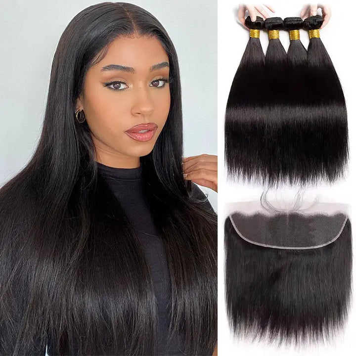 4 paquetes de cabello humano liso con encaje frontal transparente de 13x4 prearrancado 