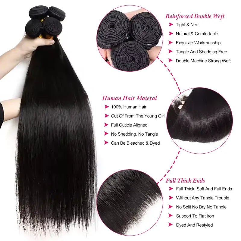 4 paquetes de cabello humano liso con encaje frontal transparente de 13x4 prearrancado 