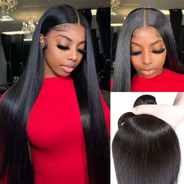 4 paquetes de cabello humano liso con encaje frontal transparente de 13x4 prearrancado 