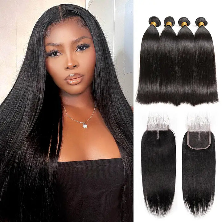 Lot de 4 mèches de cheveux humains lisses avec fermeture en dentelle transparente 4x4, pré-épilées 