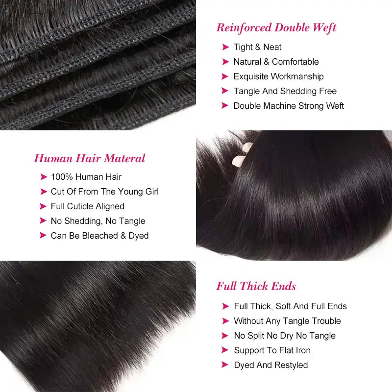 Lot de 4 mèches de cheveux humains lisses avec fermeture en dentelle transparente 4x4, pré-épilées 