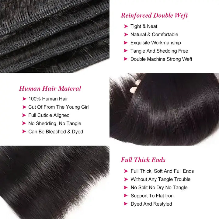 Lot de 4 mèches de cheveux humains lisses avec fermeture en dentelle transparente 4x4, pré-épilées 