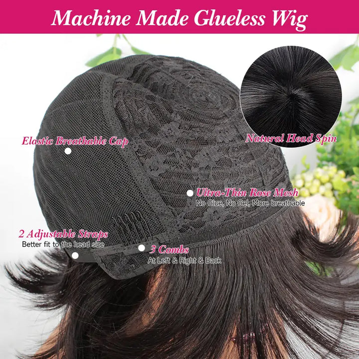 Perruque courte en cheveux humains raides avec frange #1B 